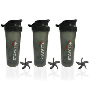 3 black protein shaker bottles that say stayfit on the front with 3 propeller shaped mixers on the side