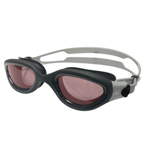 Black swimming goggles with brownish red lenses and a grey strap