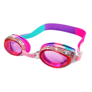 Pink swimming goggles with a multi colored strap and a lens frame covered in glitter