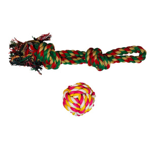 Two rope toys for dogs. One normal rope and one rope ball