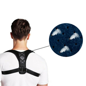 Posture corrector on its own and a man wearing a posture corrector over his shirt