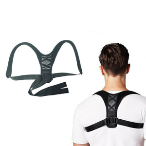 Posture corrector on its own and a man wearing a posture corrector over his shirt