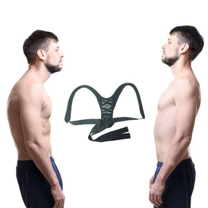 Posture corrector on its own and a man wearing a posture corrector over his shirt