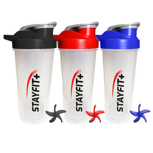 Three shaker bottles with different colored caps (black, red, and blue)
