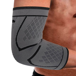 Guy with no shirt on wearing a woven elbow brace