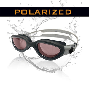 Black swimming goggles with brownish red lenses and a grey strap