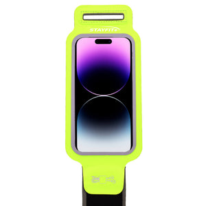 Neon green phone case for fitness holding an iphone 14