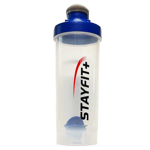 Three shaker bottles with different colored caps (black, red, and blue)