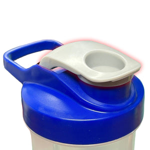 Three shaker bottles with different colored caps (black, red, and blue)