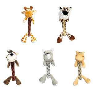 Five plush rope toys in the shape of animals