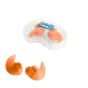 Pair of orange swimming ear plugs and a protective case