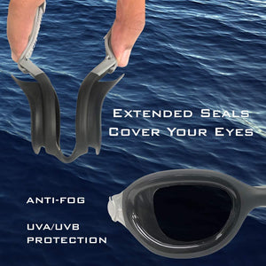 Black swimming goggles with brownish red lenses and a grey strap