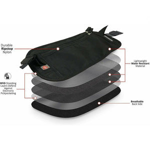 Black money belt waist pack with two pink zippered pocket trails