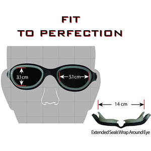 Black swimming goggles with brownish red lenses and a grey strap