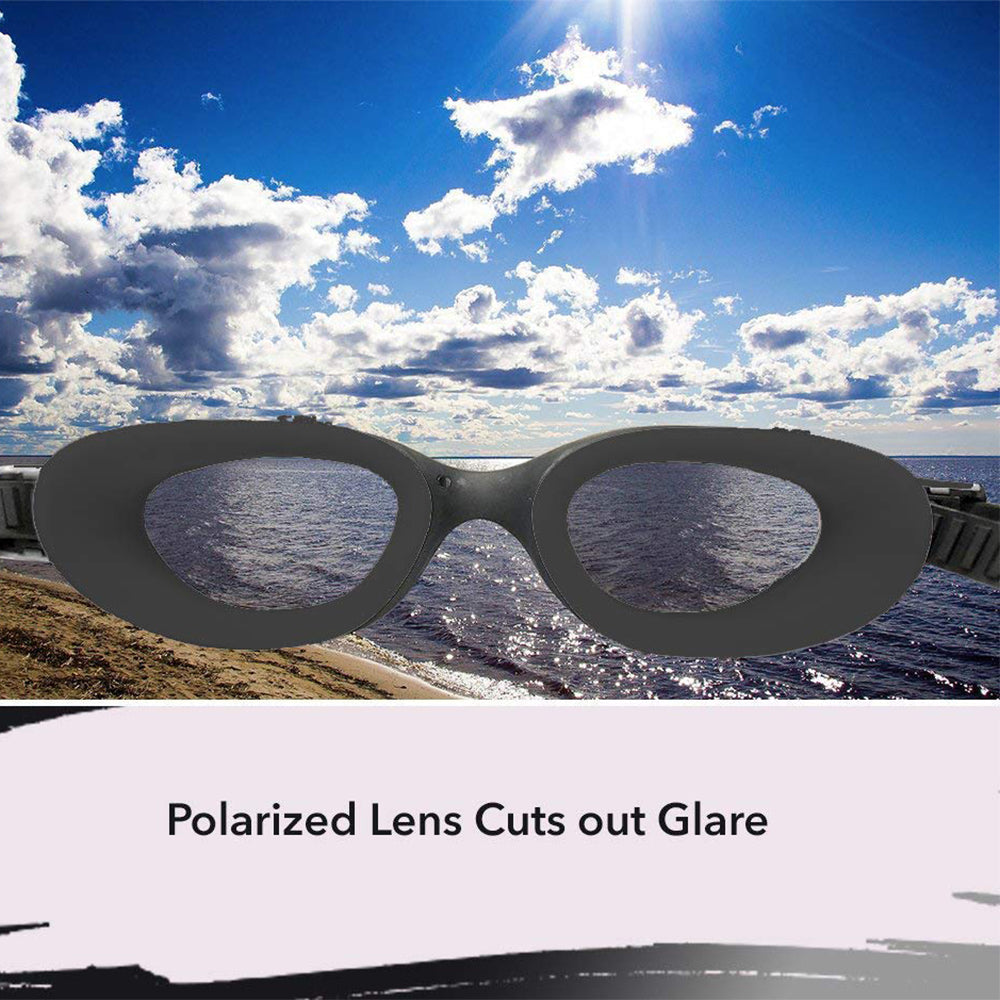 Black swimming goggles with brownish red lenses and a grey strap