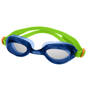 Swimming goggles with a blue lens frame and a green strap