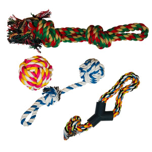 Four rope toys for dogs. Three standard ropes and one rope ball