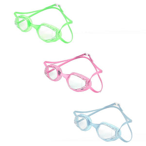 Three pairs of swimming goggles. One green, one pink, and one light blue